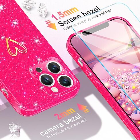 Qviskteme for iPhone 13 Pro Max Case,with [1 x Tempered Glass Screen Protector] Clear Glitter Phone Case Shockproof Protective Silicone Cover Plating Love Heart for Women Girls (Lime Green) in Saudi Arabia