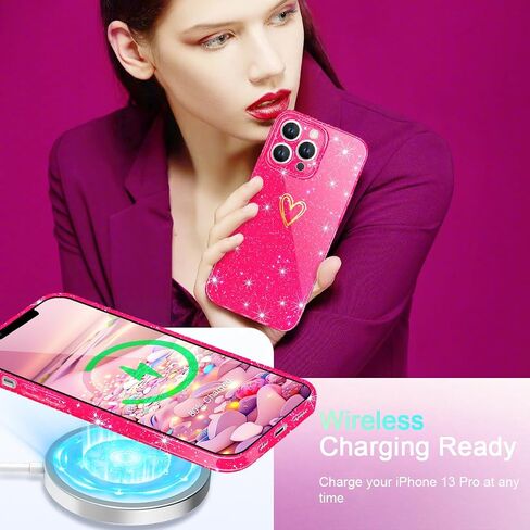 Qviskteme for iPhone 13 Pro Max Case,with [1 x Tempered Glass Screen Protector] Clear Glitter Phone Case Shockproof Protective Silicone Cover Plating Love Heart for Women Girls (Lime Green) in Saudi Arabia