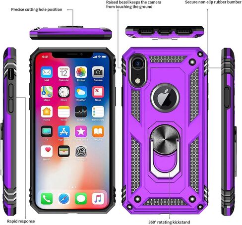 LeYi for iPhone XR Protective Case, Heavy Duty iPhone XR Case with Ring and 2PCS Screen Protector for Women Men, [Military-Grade] Shockproof Case with Magnetic Kickstand for Apple iPhone XR 10, Red in Kuwait