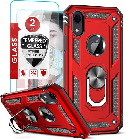 LeYi for iPhone XR Protective Case, Heavy Duty iPhone XR Case with Ring and 2PCS Screen Protector for Women Men, [Military-Grade] Shockproof Case with Magnetic Kickstand for Apple iPhone XR 10, Red in Kuwait