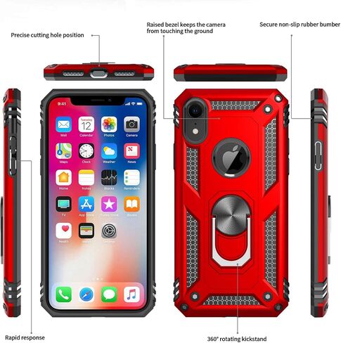 LeYi for iPhone XR Protective Case, Heavy Duty iPhone XR Case with Ring and 2PCS Screen Protector for Women Men, [Military-Grade] Shockproof Case with Magnetic Kickstand for Apple iPhone XR 10, Red in Kuwait