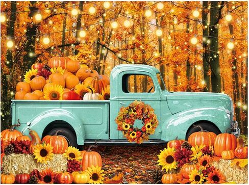 Funnytree 82" x 59" Autumn Forest Blue Truck Backdrop for Portrait Photography Picture Fall Harvest Pumpkin Farm Thanksgiving Day Baby Shower Friendsgiving Party Supplies Decoration Banner Background in Kuwait