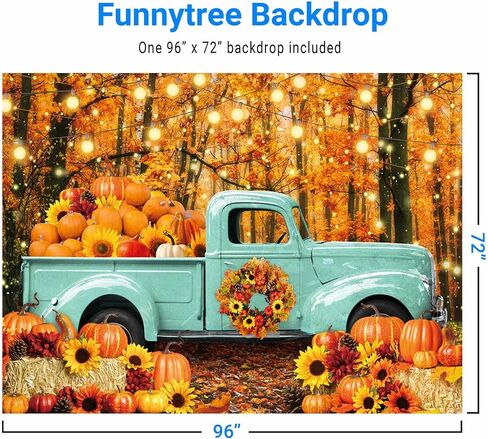 Funnytree 82" x 59" Autumn Forest Blue Truck Backdrop for Portrait Photography Picture Fall Harvest Pumpkin Farm Thanksgiving Day Baby Shower Friendsgiving Party Supplies Decoration Banner Background in Kuwait