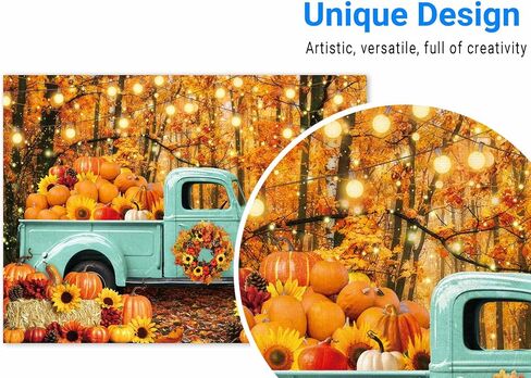 Funnytree 82" x 59" Autumn Forest Blue Truck Backdrop for Portrait Photography Picture Fall Harvest Pumpkin Farm Thanksgiving Day Baby Shower Friendsgiving Party Supplies Decoration Banner Background in Kuwait