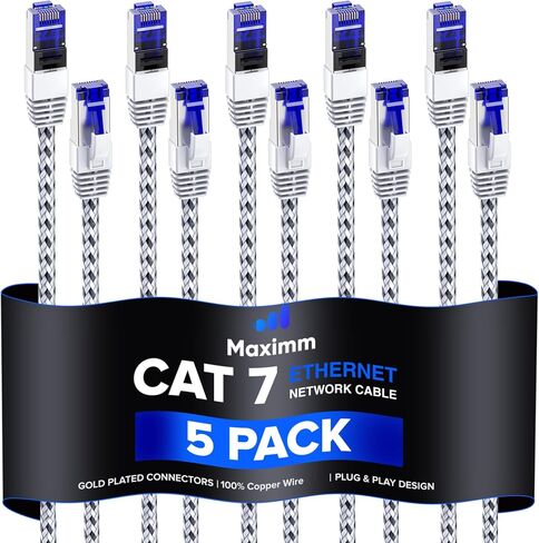 Maximm Flat Cat7 Ethernet Cable SFTP Shielded White 3ft 5-Pack in Kuwait