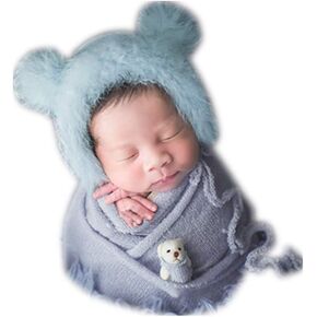 Newborn Photography Props Wrap Blanket, Bear Bonnet Hat Cap & Accessories for Baby Boys Girls Photo Shoot