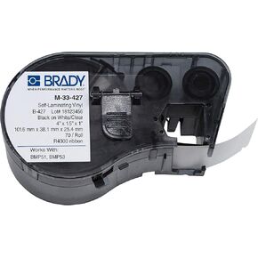 Brady - 143271 M-33-427 فينيل B-427 خرطوشة صانع ملصقات سوداء على أبيض/شفاف، عرض 4 بوصة × ارتفاع 1-1/2 بوصة، لطابعات BMP51/BMP53 in Kuwait