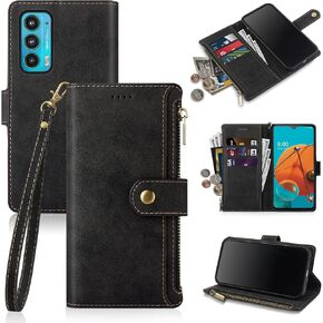 Antsturdy for Motorola Moto Edge 2021/Edge 5G UW Wallet Case [RFID Blocking] PU Leather Folio Flip Cover with Wrist Strap [Zipper Poket] Credit Card Holder Kickstand Function Men Women,Wine Red