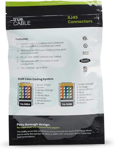 موصلات تمرير TrueCABLE Cat6/6A RJ45، قابس معياري غير محمي (UTP)، مدرج في قائمة UL، نهاية تجعيد EZ، مطلية بالذهب 3 شقوق 8P8C، 100 قطعة in Saudi Arabia