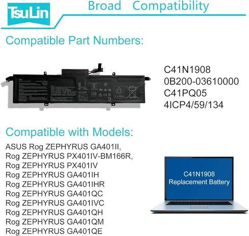 TsuLin 76Wh C41N1908 استبدال بطارية لجهاز Asus ROG Zephyrus G14 GA401II GA401IU GA401IV GA401IH GA401IHR GA401IVC GA401QC GA401QH GA401QE GA401QM GA401IV-BR9N6 PX401IV-BM166R C41 PQ05 15.4 فولت in Kuwait