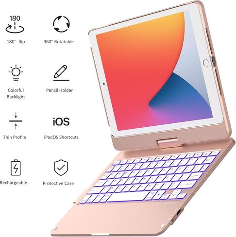 حافظة تشيسونا آيباد الجيل التاسع مع لوحة مفاتيح، قابلة للدوران 360 درجة، إضاءة خلفية 7 ألوان، غطاء نحيف، حامل أقلام أبل، لوحة مفاتيح لجهاز آيباد (الجيل الثامن/السابع 10.2 بوصة)، آيباد إير الجيل الثالث، آيباد برو 10.5 بوصة in Kuwait