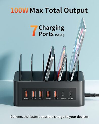 محطة شحن USB C بقدرة 100 وات لأجهزة متعددة، منظم شحن USB ذكي بـ 7 منافذ من Nexwell متوافق مع أجهزة MacBook Air وiPhone وiPad وSamsung وهواتف Android والأجهزة اللوحية in Kuwait