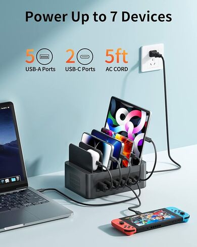 محطة شحن USB C بقدرة 100 وات لأجهزة متعددة، منظم شحن USB ذكي بـ 7 منافذ من Nexwell متوافق مع أجهزة MacBook Air وiPhone وiPad وSamsung وهواتف Android والأجهزة اللوحية in Kuwait