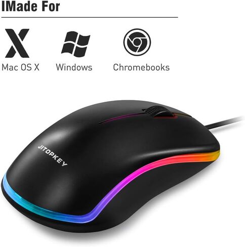 ماوس سلكي USB من JITOPKEY، ماوس كمبيوتر سلكي بصري بأضواء قوس قزح، نقرة مريحة للفئران المكتبية والمنزلية، متوافق مع أجهزة الكمبيوتر التي تعمل بنظام Windows والكمبيوتر المحمول وسطح المكتب وMacBook وChromebook (أسود) in Kuwait