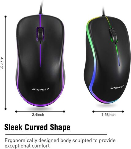ماوس سلكي USB من JITOPKEY، ماوس كمبيوتر سلكي بصري بأضواء قوس قزح، نقرة مريحة للفئران المكتبية والمنزلية، متوافق مع أجهزة الكمبيوتر التي تعمل بنظام Windows والكمبيوتر المحمول وسطح المكتب وMacBook وChromebook (أسود) in Kuwait