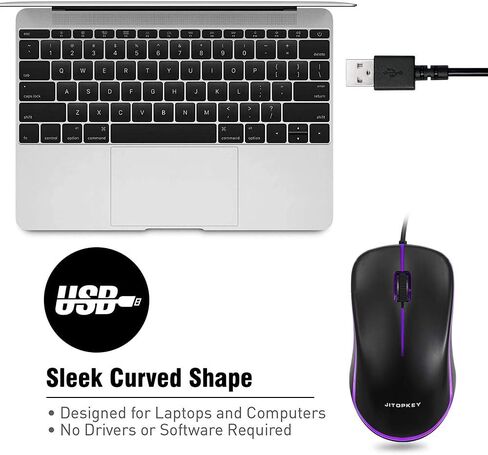 ماوس سلكي USB من JITOPKEY، ماوس كمبيوتر سلكي بصري بأضواء قوس قزح، نقرة مريحة للفئران المكتبية والمنزلية، متوافق مع أجهزة الكمبيوتر التي تعمل بنظام Windows والكمبيوتر المحمول وسطح المكتب وMacBook وChromebook (أسود) in Kuwait
