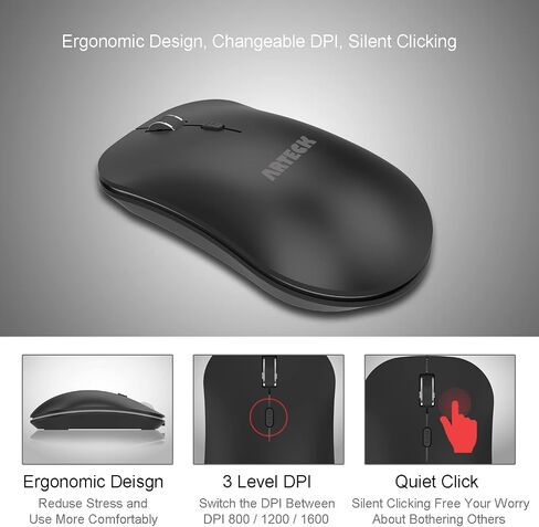 ماوس Arteck 2.4G لاسلكي مع جهاز استقبال USB نانو، تصميم مريح، النقر الصامت للكمبيوتر/سطح المكتب/الكمبيوتر الشخصي/الكمبيوتر المحمول وWindows 10/8/7 مدمج في بطارية قابلة لإعادة الشحن (أسود) in Saudi Arabia