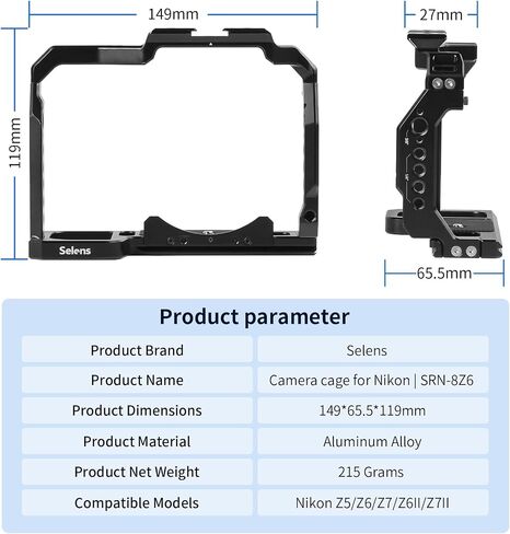 Selens Camera Cage for Nikon Z5 / Z6 / Z7 / Z6II / Z7II Aluminum Alloy Camera Rig with Built-in NATO Rail and Cold Shoe Mount in Saudi Arabia