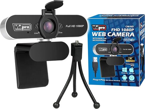 كاميرا ويب Vidpro CM-HD 1080P Full HD مع ميكروفون مدمج وحامل ثلاثي القوائم صغير - التوصيل والتشغيل كاميرا ويب USB 85 درجة FOV مع مرشح إلغاء الضوضاء مثالية لمكالمات الفيديو واجتماعات البث المباشر للألعاب in Kuwait