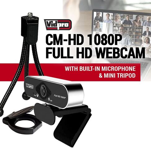 كاميرا ويب Vidpro CM-HD 1080P Full HD مع ميكروفون مدمج وحامل ثلاثي القوائم صغير - التوصيل والتشغيل كاميرا ويب USB 85 درجة FOV مع مرشح إلغاء الضوضاء مثالية لمكالمات الفيديو واجتماعات البث المباشر للألعاب in Kuwait