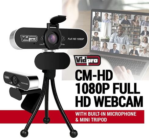 كاميرا ويب Vidpro CM-HD 1080P Full HD مع ميكروفون مدمج وحامل ثلاثي القوائم صغير - التوصيل والتشغيل كاميرا ويب USB 85 درجة FOV مع مرشح إلغاء الضوضاء مثالية لمكالمات الفيديو واجتماعات البث المباشر للألعاب in Kuwait