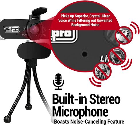 كاميرا ويب Vidpro CM-HD 1080P Full HD مع ميكروفون مدمج وحامل ثلاثي القوائم صغير - التوصيل والتشغيل كاميرا ويب USB 85 درجة FOV مع مرشح إلغاء الضوضاء مثالية لمكالمات الفيديو واجتماعات البث المباشر للألعاب in Kuwait