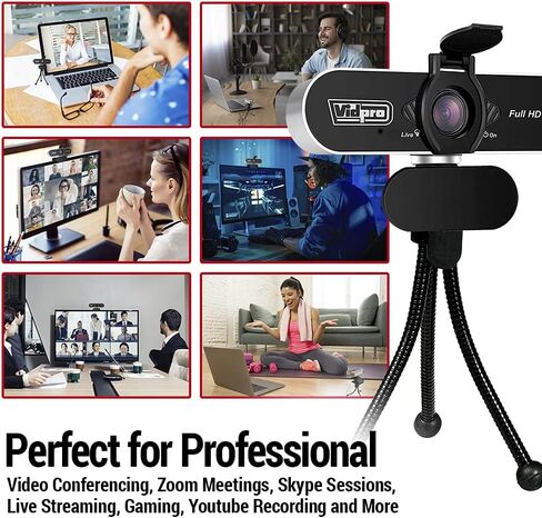 كاميرا ويب Vidpro CM-HD 1080P Full HD مع ميكروفون مدمج وحامل ثلاثي القوائم صغير - التوصيل والتشغيل كاميرا ويب USB 85 درجة FOV مع مرشح إلغاء الضوضاء مثالية لمكالمات الفيديو واجتماعات البث المباشر للألعاب in Kuwait