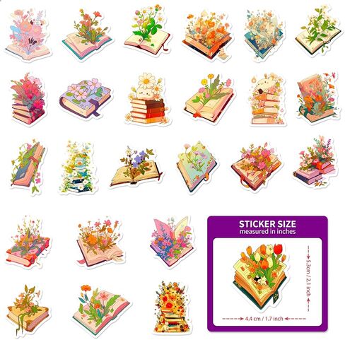 50Pcs Book Stickers Pack Waterproof Aesthetic Book and Flower Stickers for Notebooks, Scrapbooking, Water Bottle, Laptop, Skateboard, Luggage, Bicycle Vintage Reading Stickers Bookish Decals in Kuwait