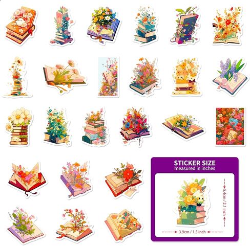 50Pcs Book Stickers Pack Waterproof Aesthetic Book and Flower Stickers for Notebooks, Scrapbooking, Water Bottle, Laptop, Skateboard, Luggage, Bicycle Vintage Reading Stickers Bookish Decals in Kuwait