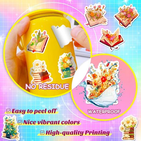 50Pcs Book Stickers Pack Waterproof Aesthetic Book and Flower Stickers for Notebooks, Scrapbooking, Water Bottle, Laptop, Skateboard, Luggage, Bicycle Vintage Reading Stickers Bookish Decals in Kuwait