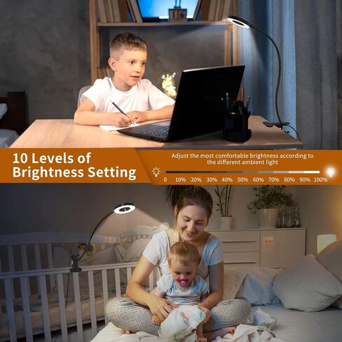 iZELL Desk Lamp, [3 Color Modes & 10 Brightness] LED Reading Light with Clamp, Flexible Gooseneck Book Light for Kids Reading Book in Bed at Night Clip on Table, Headboard, Dorm - 15.8‘’ Black in Kuwait