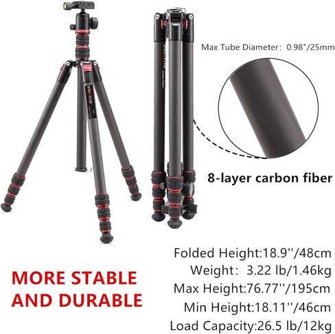 Carbon Fiber Tripod Video Tripod with Fluid Head, Video Camera Tripod Heavy Duty arge Load for DSLR Camera Load up to 33 Pounds, Suitable for Hunting and Work (Black) in Saudi Arabia