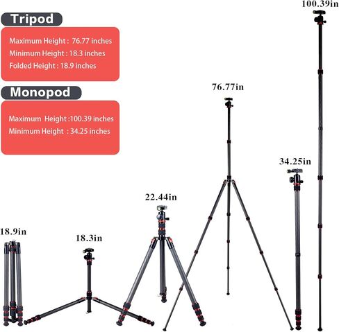 Carbon Fiber Tripod Video Tripod with Fluid Head, Video Camera Tripod Heavy Duty arge Load for DSLR Camera Load up to 33 Pounds, Suitable for Hunting and Work (Black) in Saudi Arabia