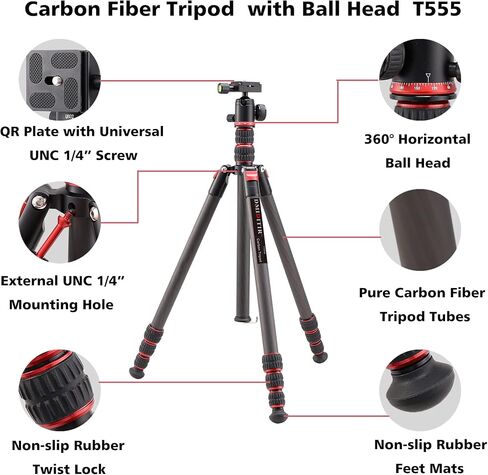 Carbon Fiber Tripod Video Tripod with Fluid Head, Video Camera Tripod Heavy Duty arge Load for DSLR Camera Load up to 33 Pounds, Suitable for Hunting and Work (Black) in Saudi Arabia