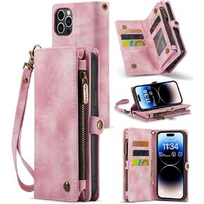 حافظة Zttopo لهاتف iPhone 14 Pro Max، حافظة محفظة 2 في 1 iPhone 14 Pro Max مع حامل بطاقات بحبل من الجلد الفاخر بسحاب، حافظة معصم متينة قابلة للطي وغطاء جيب للنقود باللون الوردي in Kuwait
