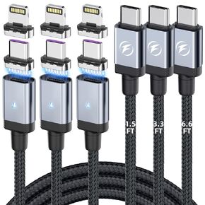 كيبل شحن مغناطيسي 2 في 1 من USB C الى USB C [3 قطع، 1.5 قدم/3 قدم/6 قدم] 65 واط/3 امبير للشحن السريع لشاحن ايفون ونقل البيانات لموبايل ايفون 14/13/سامسونج/بكسل/ماك بوك/ايباد اير in Kuwait