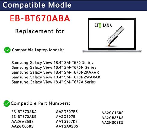 بطارية كمبيوتر محمول EB-BT670ABA لجهاز Samsung Galaxy View 18.4 بوصة SM-T670 Series Notebook EB-BT670ABE AA2GA26BS AA2GC05BS AA2GB07BS AA2GB07B AA1G907KS 11.34V 64.64Wh 5700mAh in Kuwait
