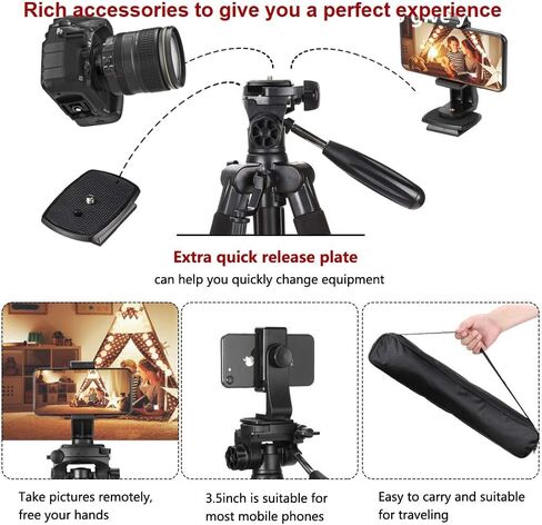 ZOMEI حامل ثلاثي للكاميرا مقاس 65 بوصة وخفيف الوزن وخفيف الوزن للسفر من الألومنيوم لكاميرا Canon Nikon مع لوحتين سريعتين وحامل هاتف عالمي بوزن 11 رطل (أسود) in Kuwait