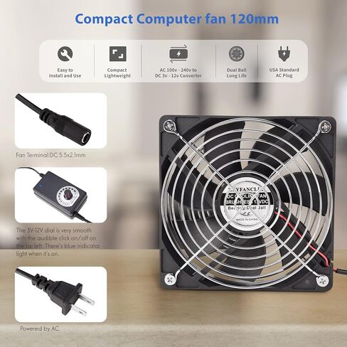 KEYFANCLUB 120 مم 12 فولت مروحة كمبيوتر مع تيار مستمر إلى تيار متردد 110 فولت - 240 فولت وحدة تحكم في السرعة لجهاز الاستقبال Xbox DVR Playstation Component Cooling in Kuwait