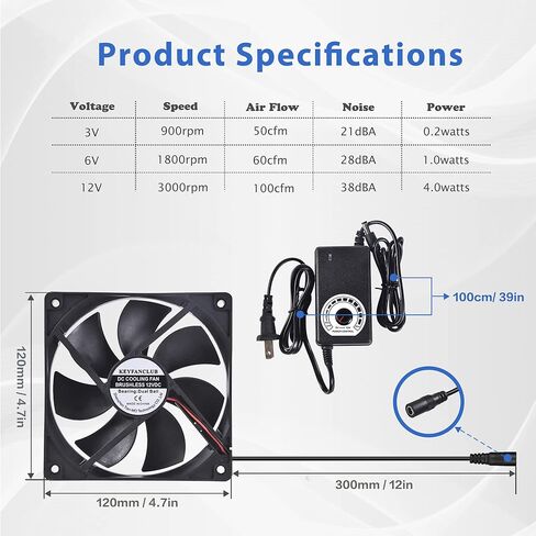 KEYFANCLUB 120 مم 12 فولت مروحة كمبيوتر مع تيار مستمر إلى تيار متردد 110 فولت - 240 فولت وحدة تحكم في السرعة لجهاز الاستقبال Xbox DVR Playstation Component Cooling in Kuwait