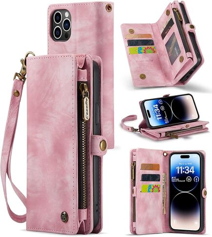حافظة Zttopo لهاتف iPhone 14 Pro Max، حافظة محفظة 2 في 1 iPhone 14 Pro Max مع حامل بطاقات بحبل من الجلد الفاخر بسحاب، حافظة معصم متينة قابلة للطي وغطاء جيب للنقود باللون الوردي in Kuwait