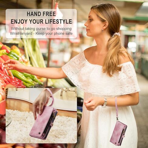 حافظة Zttopo لهاتف iPhone 14 Pro Max، حافظة محفظة 2 في 1 iPhone 14 Pro Max مع حامل بطاقات بحبل من الجلد الفاخر بسحاب، حافظة معصم متينة قابلة للطي وغطاء جيب للنقود باللون الوردي in Kuwait