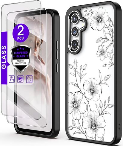 حافظة DagoRoo لهاتف Samsung Galaxy A54 5G مع واقي شاشة من الزجاج المقوى [عبوة من قطعتين]، [واقية من الدرجة العسكرية] مادة TPU الناعمة النحيفة والكمبيوتر الصلب، حافظات بنمط الزهور الشفافة للفتيات والنساء (JD-أرجواني) in Kuwait