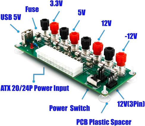 SUPERPLUS 20/24 Pin ATX Benchtop PC Power Breakout Adapter with USB 5V Port, 4 Channel Voltages (3.3V, 5V, 12V, -12V), 5A Fuse, Green in Saudi Arabia
