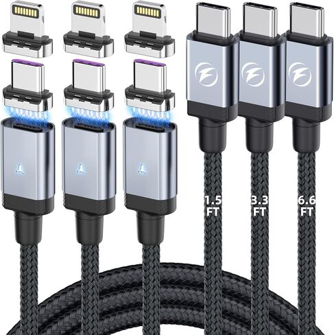 كيبل شحن مغناطيسي 2 في 1 من USB C الى USB C [3 قطع، 1.5 قدم/3 قدم/6 قدم] 65 واط/3 امبير للشحن السريع لشاحن ايفون ونقل البيانات لموبايل ايفون 14/13/سامسونج/بكسل/ماك بوك/ايباد اير in Kuwait