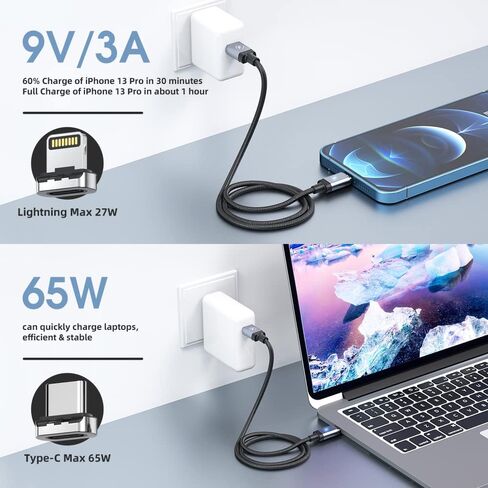 كيبل شحن مغناطيسي 2 في 1 من USB C الى USB C [3 قطع، 1.5 قدم/3 قدم/6 قدم] 65 واط/3 امبير للشحن السريع لشاحن ايفون ونقل البيانات لموبايل ايفون 14/13/سامسونج/بكسل/ماك بوك/ايباد اير in Kuwait