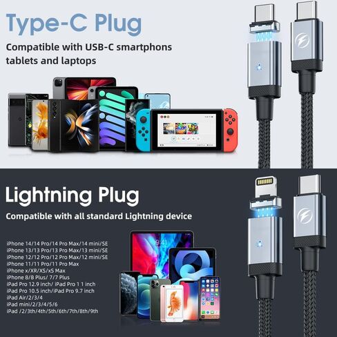كيبل شحن مغناطيسي 2 في 1 من USB C الى USB C [3 قطع، 1.5 قدم/3 قدم/6 قدم] 65 واط/3 امبير للشحن السريع لشاحن ايفون ونقل البيانات لموبايل ايفون 14/13/سامسونج/بكسل/ماك بوك/ايباد اير in Kuwait