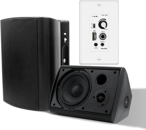 مكبرات صوت خارجية هيرديو 400 وات 6.5 بوصة مقاومة للماء مع مضخم صوت بلوتوث على الحائط، صوت جهير مثير للإعجاب ومتانة في جميع الأحوال الجوية، نظام صوت ستيريو مثبت على الحائط لسطح الفناء المنزلي (أبيض، زوج) in Kuwait