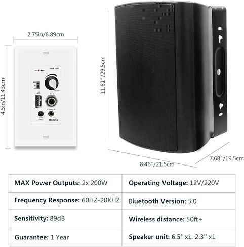 مكبرات صوت خارجية هيرديو 400 وات 6.5 بوصة مقاومة للماء مع مضخم صوت بلوتوث على الحائط، صوت جهير مثير للإعجاب ومتانة في جميع الأحوال الجوية، نظام صوت ستيريو مثبت على الحائط لسطح الفناء المنزلي (أبيض، زوج) in Kuwait