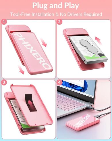 حاوية محرك الأقراص الصلبة PHIXERO مقاس 2.5 بوصة USB 3.0 إلى SATA III لـ 2.5 بوصة SSD وHDD 7 مم/9.5 مم حاوية محرك أقراص ثابتة خارجية خالية من الأدوات مع UAS، متوافقة مع WD Seagate Toshiba Samsung Hitachi- وردي in Kuwait